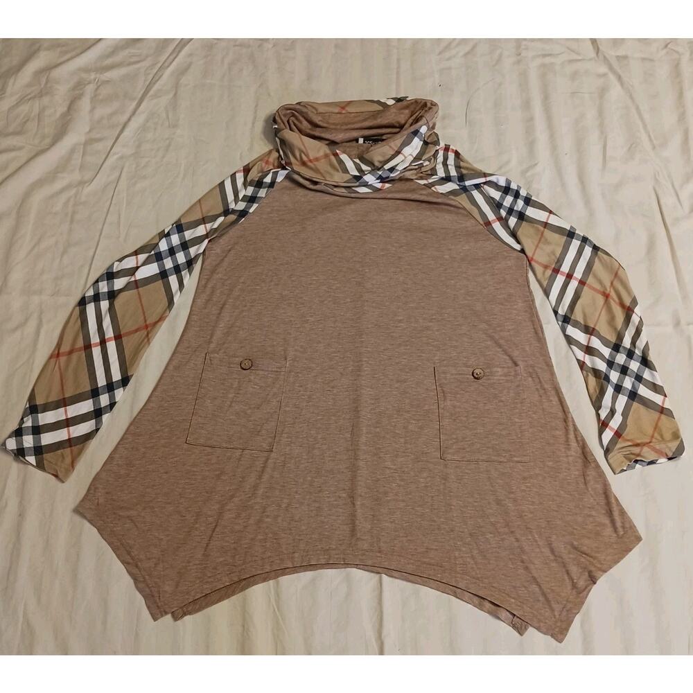 JCZHWQU Woman's XL Tan Plaid Long Sleeve Pockets Asymmetric Hem Cowl Neck Top